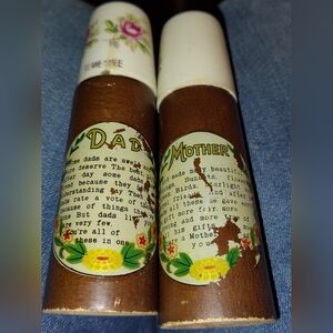 Vintage Ceramic Top & Wooden Bottom Salt & Pepper Shakers Dad and Mother, ***